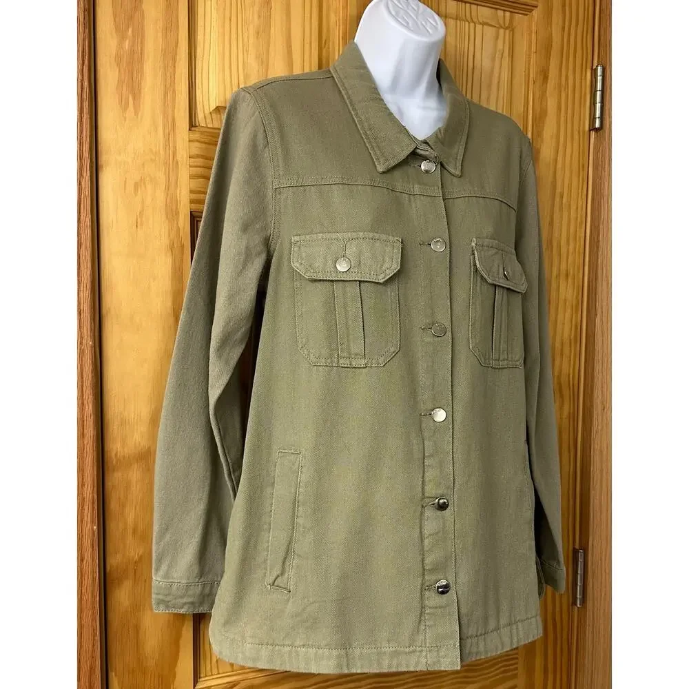 New! Lolita Women’s Sz Lg Olive Green Denim Button Jacket Or Dress, Six Pockets